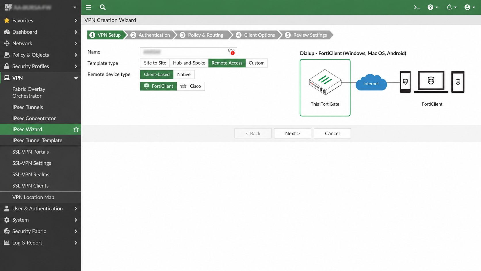 FortiGate IPsec Wizard VPN Setup screen
