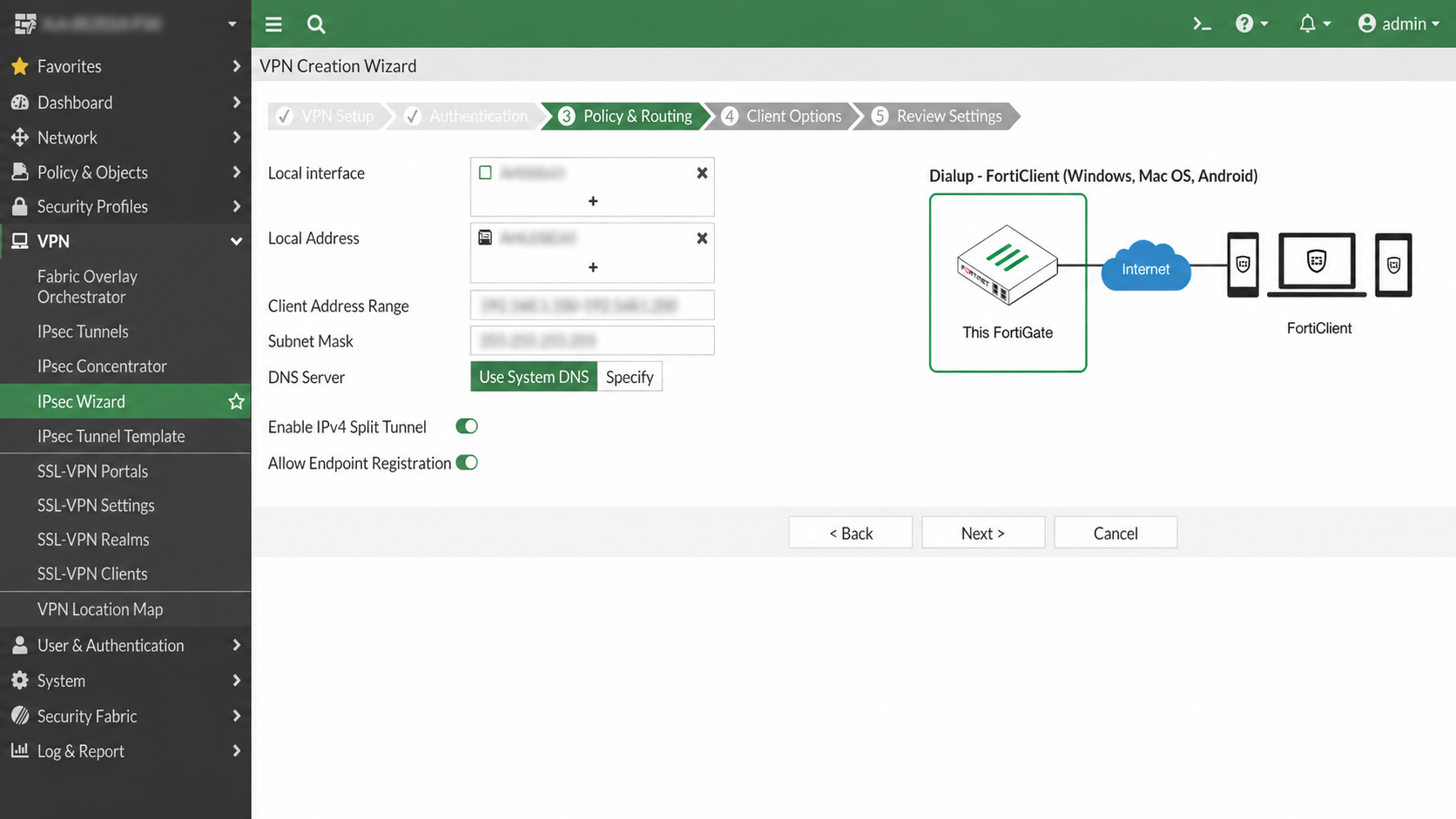 FortiGate IPsec Wizard Policy & Routing screen