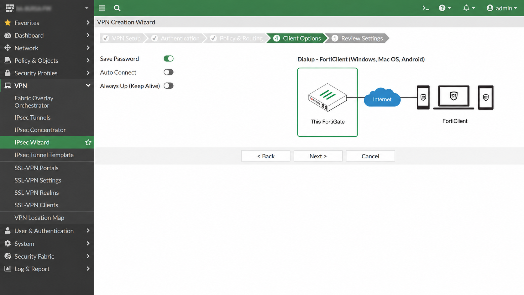 FortiGate IPsec Wizard Client Options screen