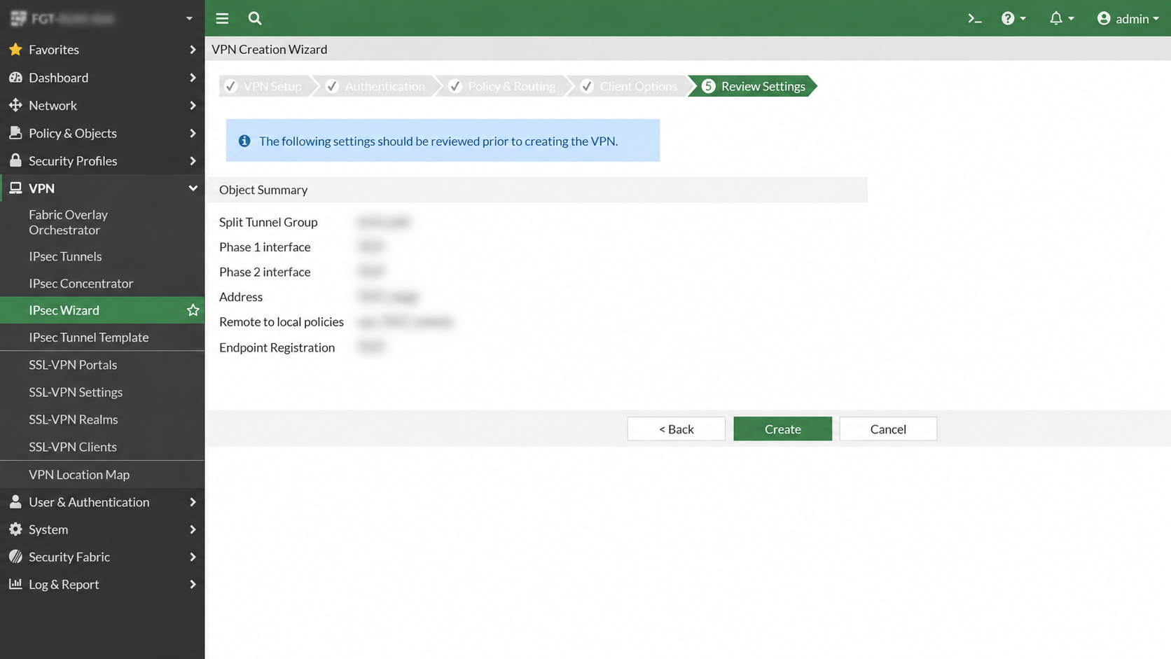FortiGate IPsec Wizard Review Settings screen